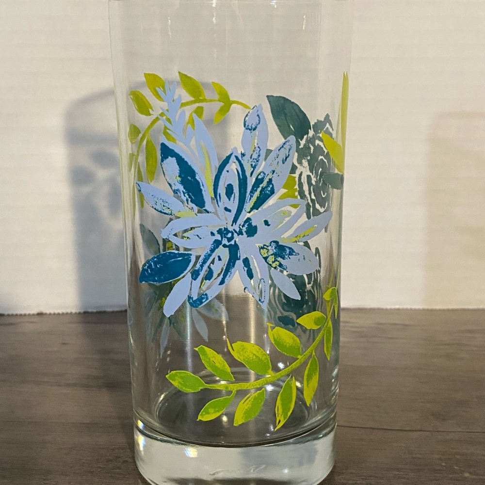 Vintage Mid Century Modern Blue Green Floral Set Of 4 Water Glasses CERA - Picture 3 of 5